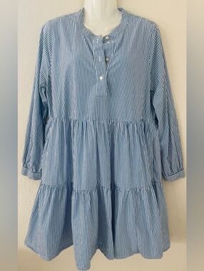 J. Crew Blue and White Striped Tiered Tunic Dress